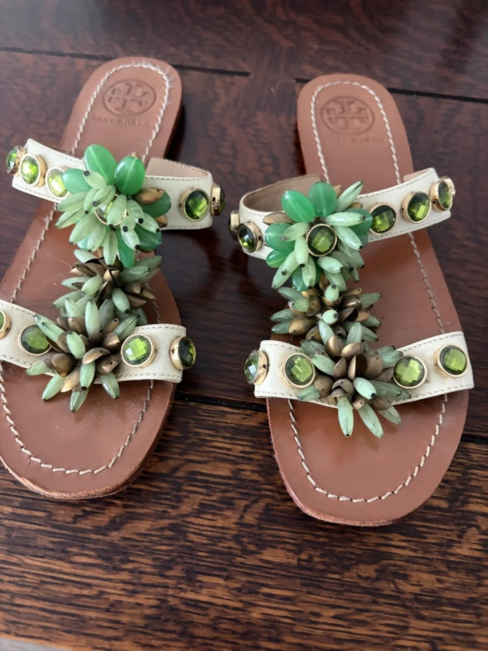 Tory Burch Green & Cream Leather Crystal Slide Sandals  - sz 8.5